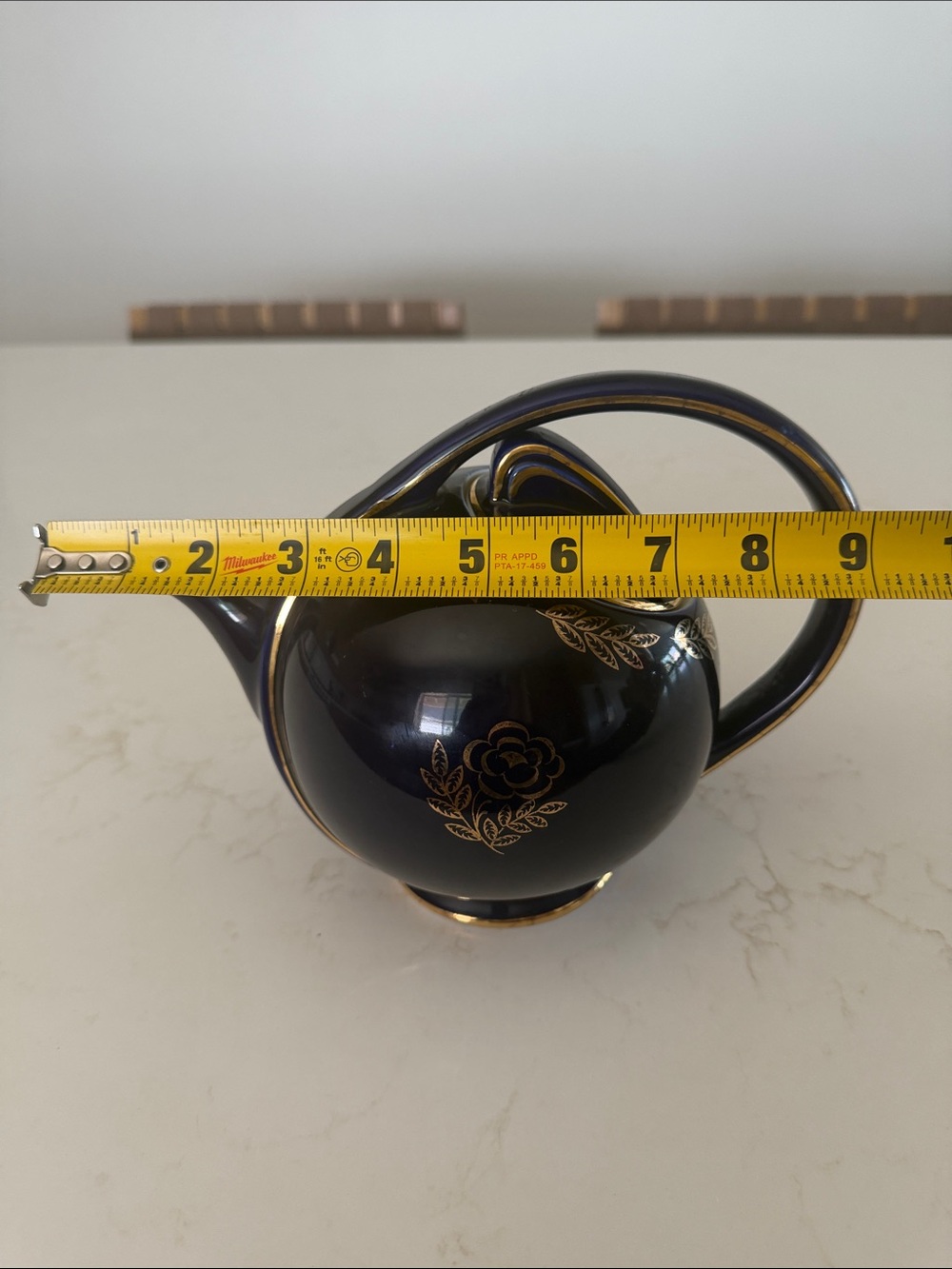 Vintage Hall Blue Ceramic Teapot with Gold Floral Accents, USA, 1930’s-1940’s - Picture 12 of 13